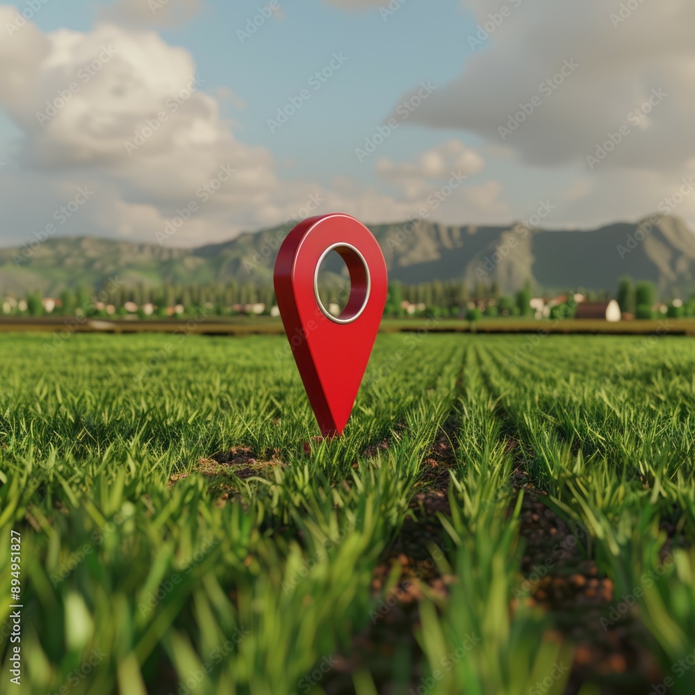Poster red pin location marker in green field. a single red location pin marker stands in a grassy field, s