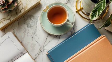 A cozy flat lay featuring a cup of tea, books, and plants on a marble table, perfect for relaxing or studying moments.