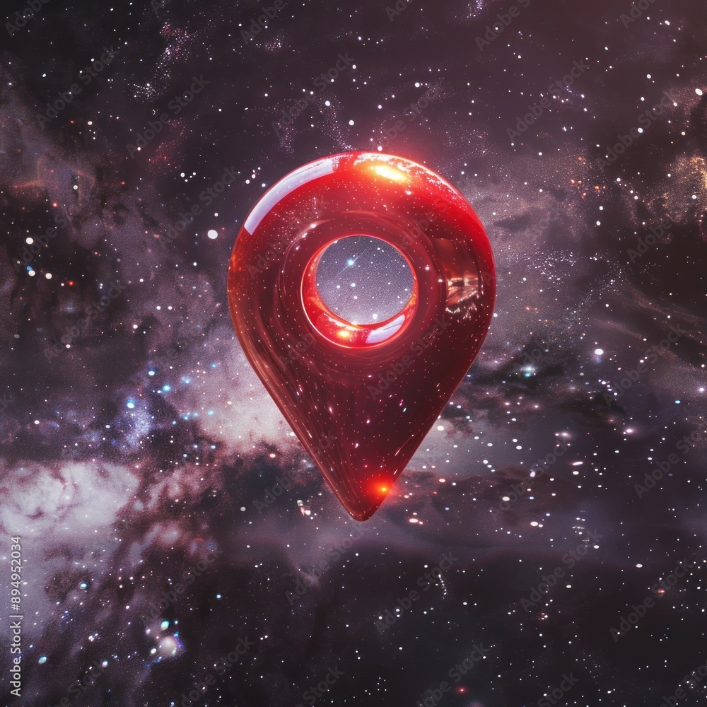 Poster red location pin in space. a red location pin with a glowing effect floats in a starry night sky. th