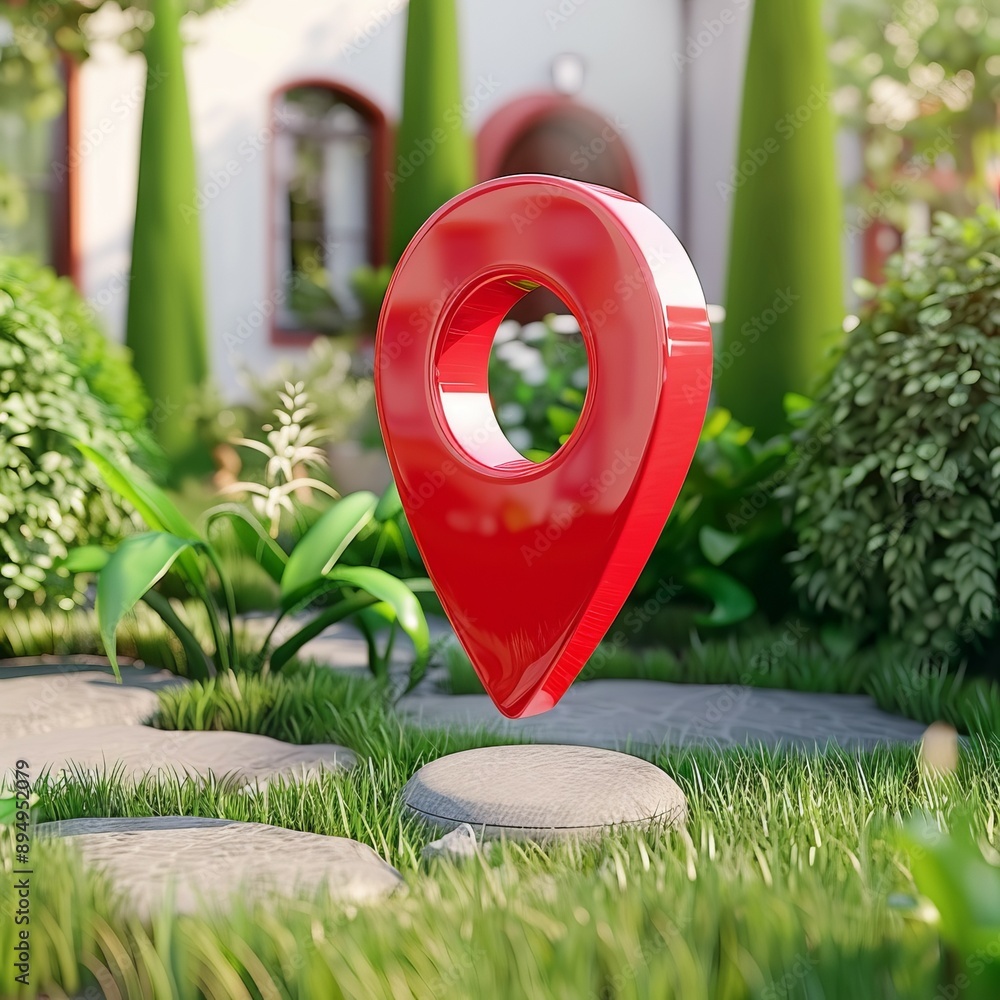 Poster red location pin on grass and stone path. a vibrant red location pin hovers above a stone path in a 