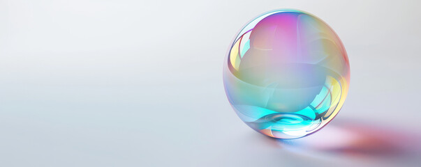 A single bubble with a rainbow-like iridescence on a pure white background, highlighting its translucent nature.
