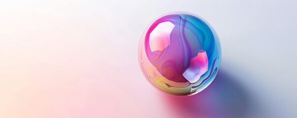 A single large bubble floating in the center of a pure white background, reflecting a spectrum of colors.