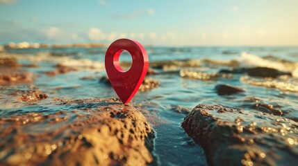 Obraz premium Coastal landmark, location pin on beach. Discover a scenic beach scene with a red location pin, symbolizing exploration, discovery, and travel by the sea.