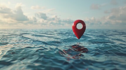 Location pin above ocean waves. Red location pin floating above rippling blue ocean waves. Concept image for travel, maritime industries, and global positioning.