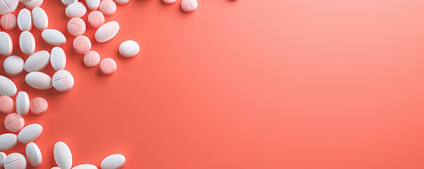 Pills arranged in a zigzag pattern on a coral background, with ample space on the top right for text. The coral color adds a touch of warmth and energy to the image.