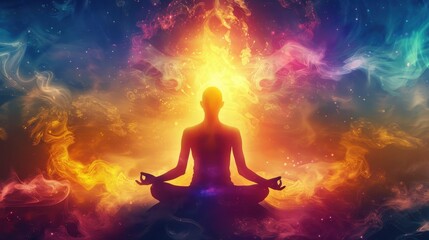 A silhouette of a person meditating, surrounded by vibrant and colorful energy with a cosmic background, signifying peace and spiritual enlightenment.