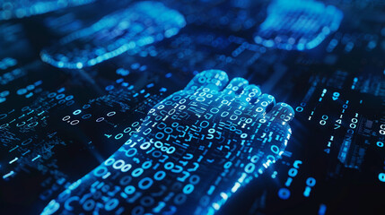 Cybersecurity digital footprints made of binary code, highlighting the importance of cybersecurity and protecting one's digital footprint from unauthorized access and exploitation