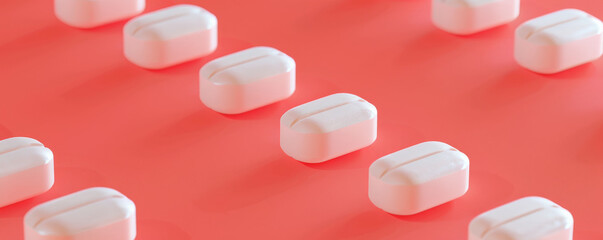 Pills arranged in a zigzag pattern on a coral background, with ample space on the top right for text. The coral color adds a touch of warmth and energy to the image.