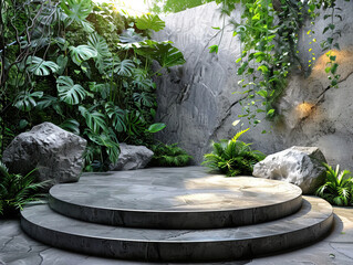 Podium background product forest green display platform wood stone 3d garden rock. Product podium jungle background stage leaf cosmetic nature scene stand presentation mockup tree pedestal plant eco