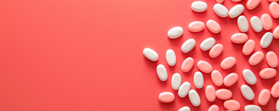 Pills arranged in a zigzag pattern on a coral background, with ample space on the top right for text. The coral color adds a touch of warmth and energy to the image.