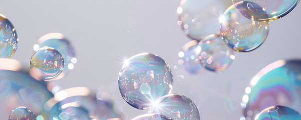 A cluster of iridescent bubbles floating freely on a plain white backdrop, their surfaces reflecting soft, ambient light. The serene setting accentuates the graceful movement and transparency of each