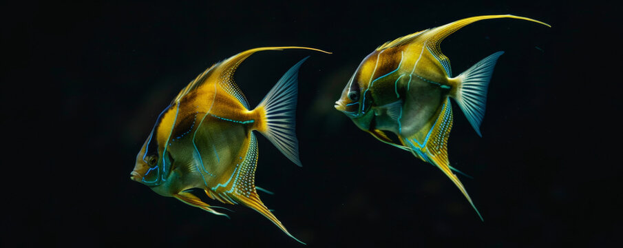 A pair of angelfish swimming gracefully in tandem against a black background. Their long, flowing fins and striking patterns create a captivating display of synchronized motion and harmony.