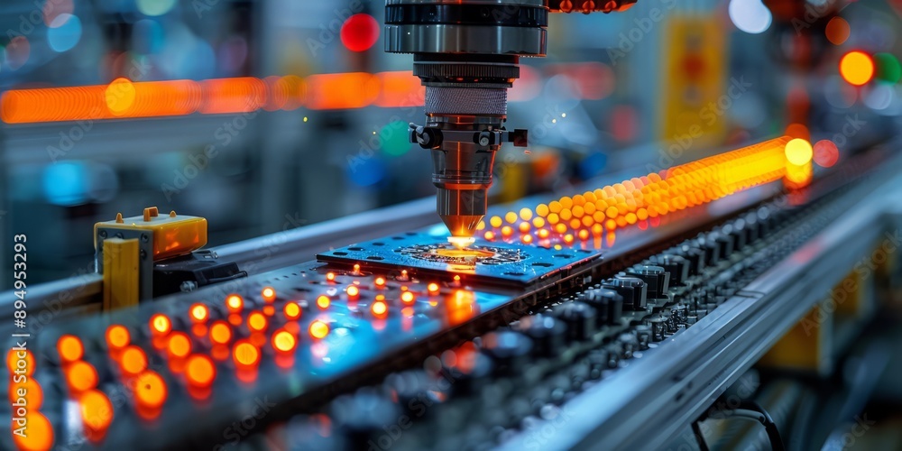 Poster laser machine working on electronic circuit board in a factory