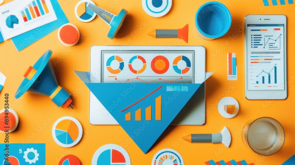 Poster colorful business analytics flat lay with diagrams, charts, and devices on a yellow background, symb