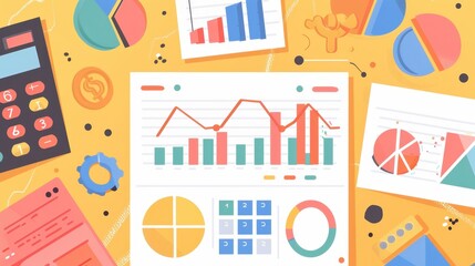 Colorful data presentation with bar, pie, and line charts on paper, illustrating financial analysis and business statistics.