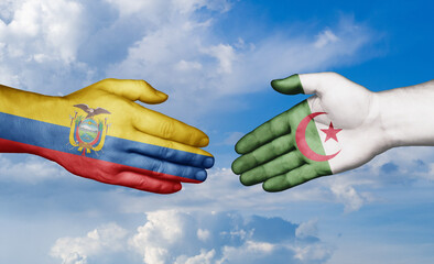 Ecuador and Algeria country handshaking with flags, consensus concept international co-operation illustration
