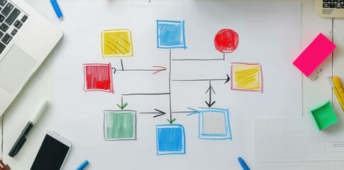 Colorful hand-drawn flowchart on a whiteboard surrounded by office supplies, representing project planning and organization.