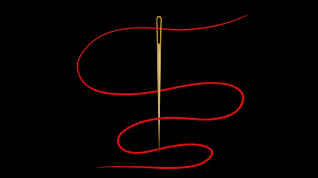Animated golden sewing needle with red thread, animation isolated on transparent background with alpha channel.