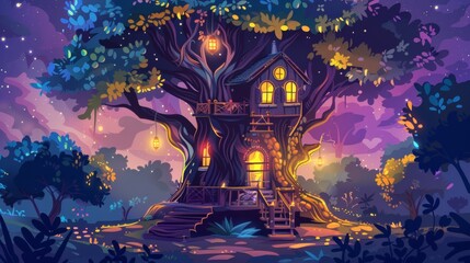 Obraz premium An elaborate tree house with whimsical architecture and magical lighting.