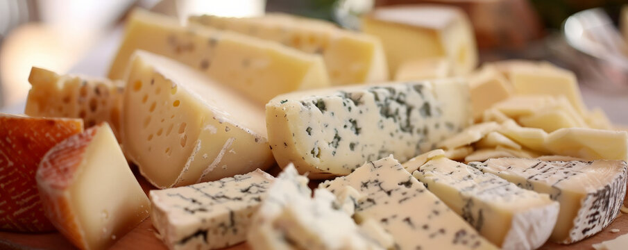 A vibrant close-up of a variety of gourmet cheeses on a wooden board, including creamy brie, aged gouda, tangy blue cheese, and a wedge of manchego, each with distinct textures and colors, creating a - Powered by Adobe