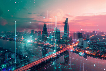 Ho Chi Minh city in Vietnam with smart city and communication network concept. Wireless telecommunication communication technology.