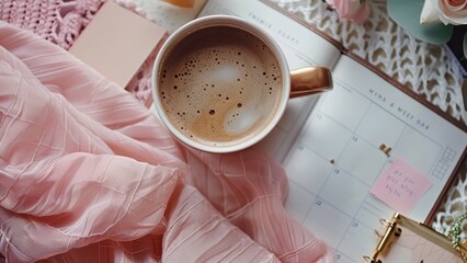 Cozy scene with a cup of coffee, open planner, and soft pink fabric. Perfect for planning, scheduling, and relaxing moments.
