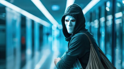 Bank robber in a mask holding a bag of money, Felony, heist and criminal activity