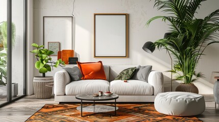 Living room design with poster frame, sofa, plants, coffee table, lamp, rug, pillows, and decor.