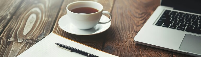 Cup of coffee, notebook, and laptop on wooden desk. Perfect for themes like productivity, work from home, or business meetings.