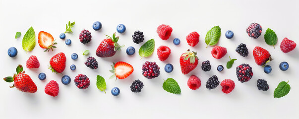 A vibrant collection of organic ripe berries, including strawberries, blueberries, raspberries, and blackberries, artistically arranged on a white background. Top view concept.