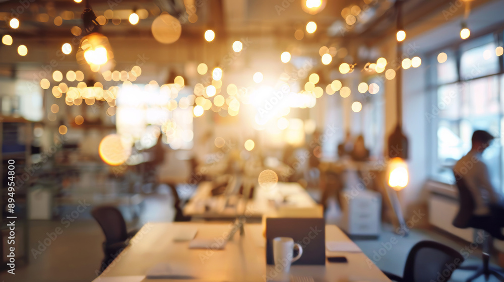 Poster blurred office space with string lights. bokeh lights illuminate a blurry office setting, creating a