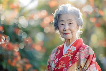 Fototapeta premium An elegant image of an elderly woman in a traditional kimono standing outside against a serene nature background, representing culture and wisdom