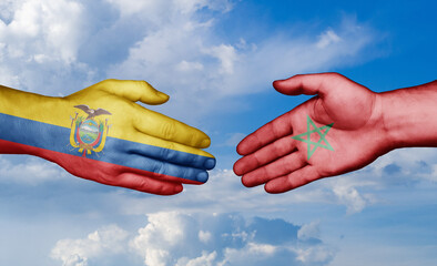 Morocco and Ecuador country handshaking with flags, consensus concept international co-operation illustration