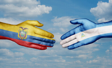 Nicaragua and Ecuador country handshaking with flags, consensus concept international co-operation illustration