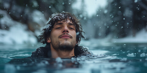 Fototapeta premium Man Submerged in Snowy Ice Bath Forest River Looking Confident