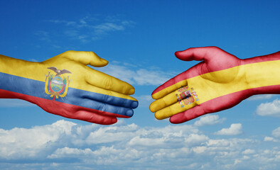 Spain and Ecuador country handshaking with flags, consensus concept international co-operation illustration