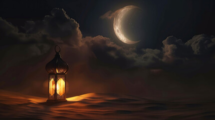 Fototapeta premium A lantern glowing softly in the dark, casting an ethereal light on a crescent moon and clouds above it. 