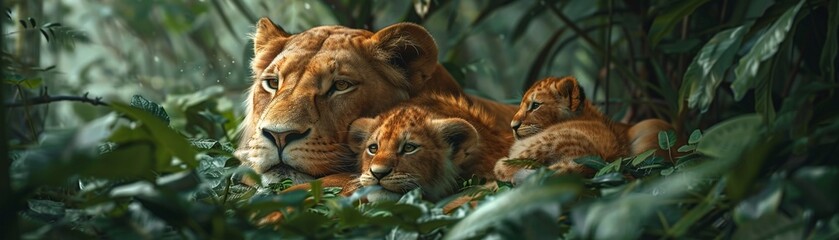 A lioness nursing her cubs in a lush green forest, photo realistic, high detail, natural lighting, soft fur textures, wildlife scene 8K , high-resolution, ultra HD,up32K HD