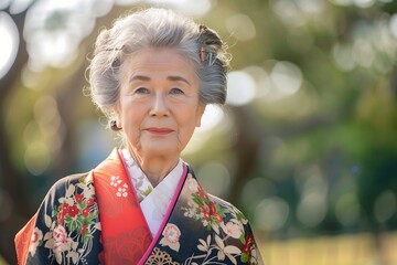 An elegant image of an elderly woman in a traditional kimono standing outside against a serene nature background, representing culture and wisdom