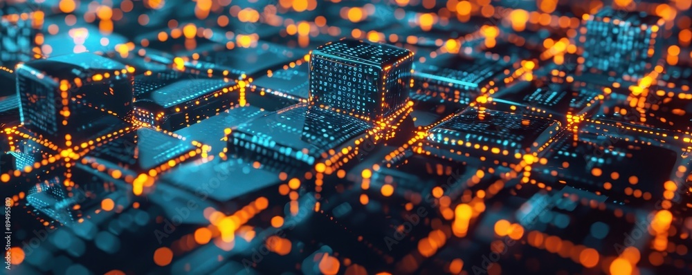 Poster futuristic digital circuit board with glowing lines and nodes, representing technology, innovation, 