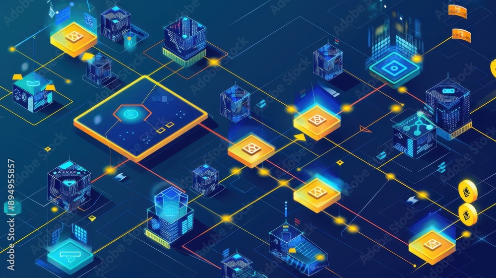 Aufkleber futuristic digital network showcasing interconnected blockchain technology, smart contracts, and cry