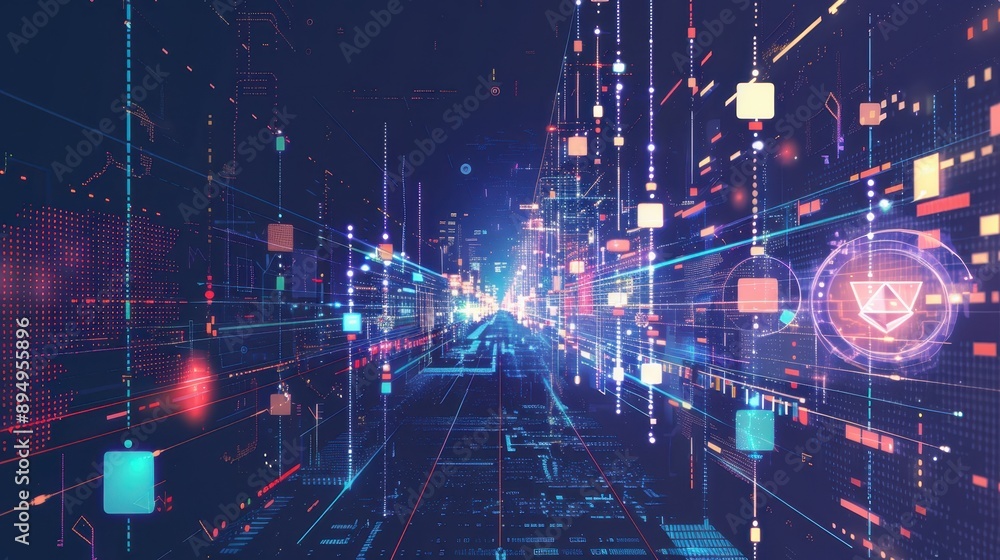 Poster futuristic digital technology background featuring interconnected data nodes and vibrant neon lights