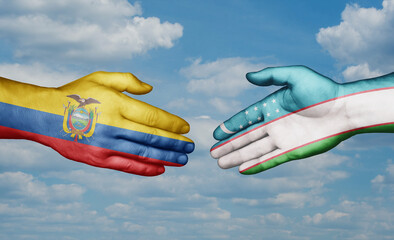 Republic of Uzbekistan and Ecuador country handshaking with flags, consensus concept international co-operation illustration