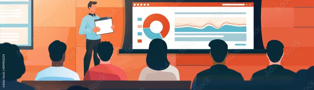 Poster illustration of a business presentation with a man presenting data on a screen to an audience in a c