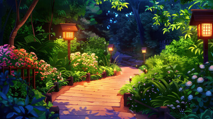 Fototapeta premium Serene pathway through a vibrant garden illuminated by lanterns, surrounded by lush greenery and blooming flowers at dusk