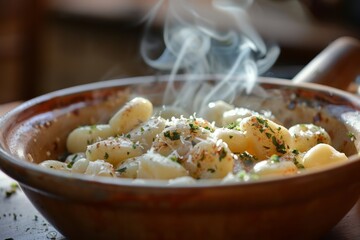 A bowl of baked gnocchi, with a soft focus creating a dreamy and ethereal atmosphere.