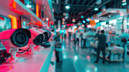 Fototapeta premium A photograph of a display of various surveillance cameras in a tech store