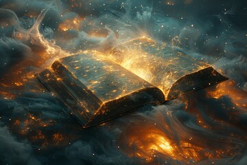 Naklejka premium A book, seemingly floating in mid-air, surrounded by swirling mists and glowing particles
