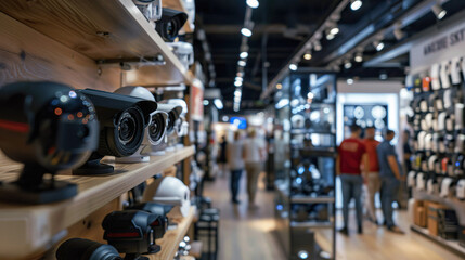 A photograph of a display of various surveillance cameras in a tech store