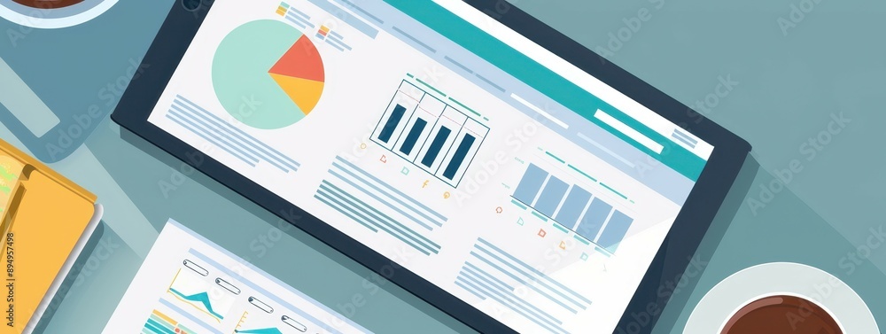 Aufkleber tablet displaying business analytics dashboard with graphs, charts, and data, accompanied by coffee 